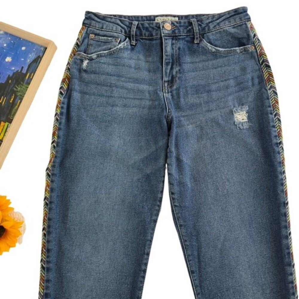 Knox Rose Women's Boyfriend Barrel Jeans Size 10 Blue Denim Rainbow Embroidered - Picture 2 of 12